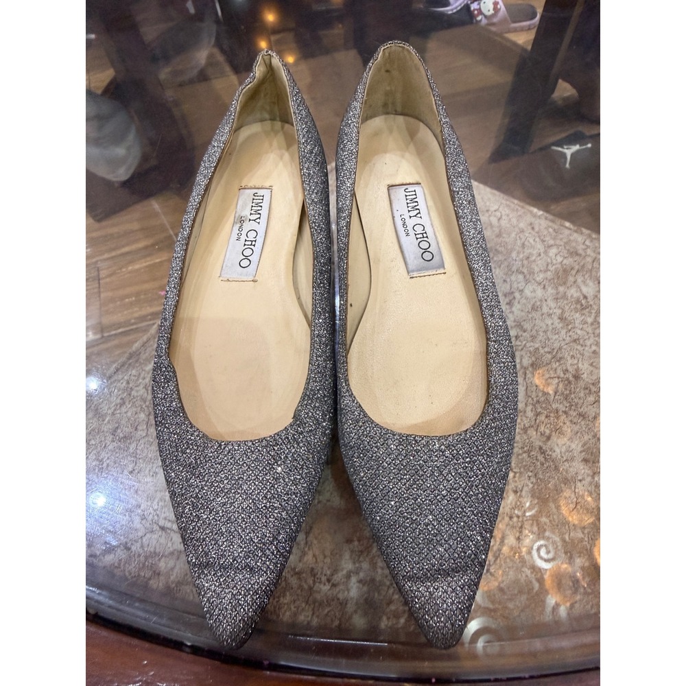 Jimmy Choo Silver Glitter Pointed Toe Flats Shoes Size 36 Made in Italy Metallic